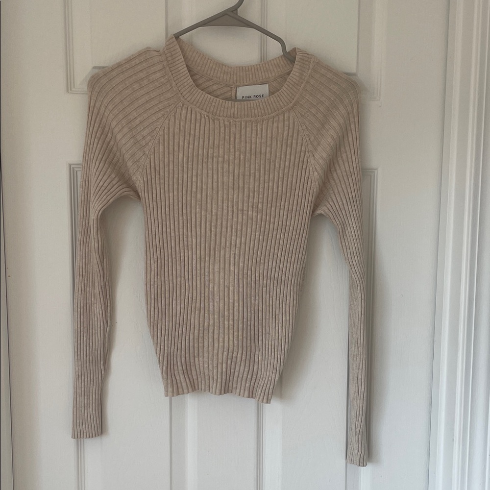 Pink Rose Ribbed Cream Sweater